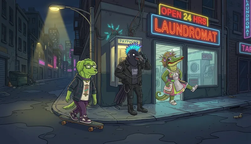 Night street corner: DogLettuce on a longboard, CrieFaux on the payphone, GretaGarbage strutting out of a 24-hour laundromat