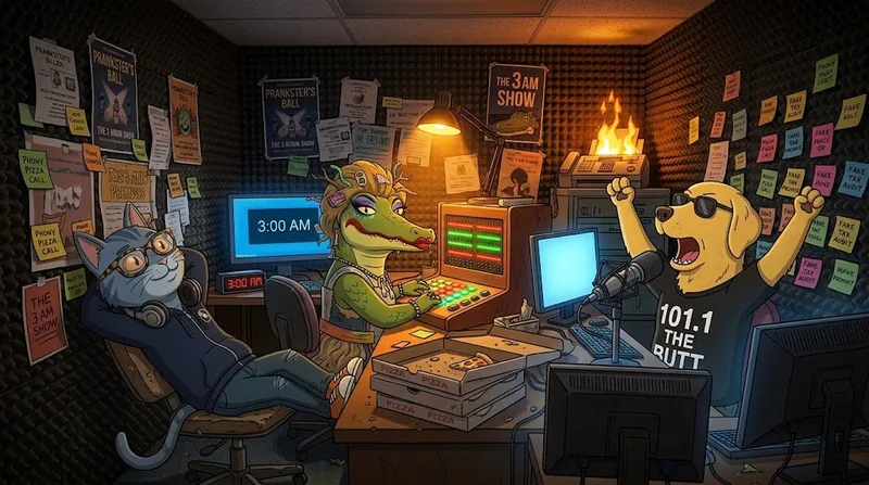 The Zoo Crew booth at 3 AM: IceCat leaning back, GretaGarbage at the board, DespicableDogs yelling into the mic, a fax machine on fire