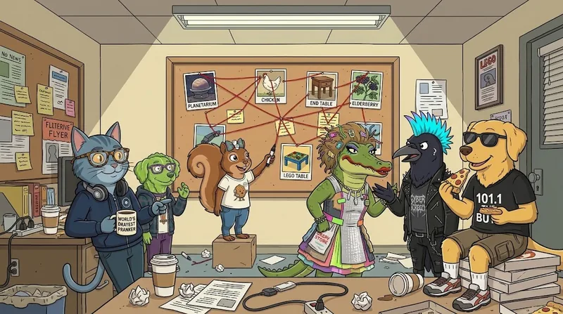 The whole crew in the writers' room around a corkboard of premises connected with red string